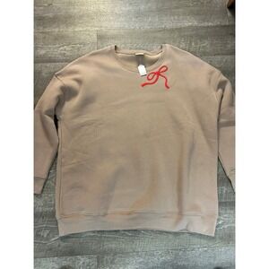 Oat Collective Red Bow Graphic Oversized Sweatshirt Tan Taupe 2XL New